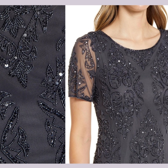 NEW $228 Pisarro Nights [‎ 2 ] Short Sleeve Beaded Midi Dress in Slate - Picture 3 of 14